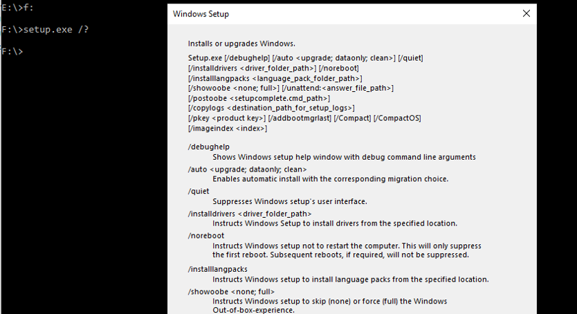 windows 10 setup exe command-line parameters